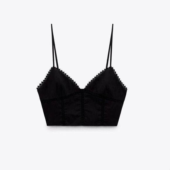 ZARA POPLIN TOP WITH LACE TRIMS BLACK M NWT - Picture 4 of 6